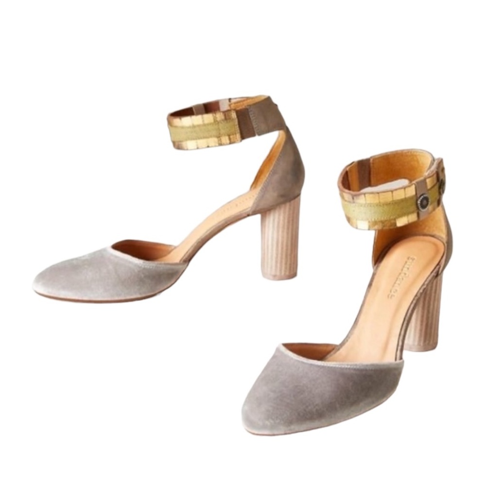 Sundance Aurora Gray Velvet Metallic Gold Gilded Leather Ankle Wrap Heels - 7